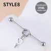 Brincos Longos de Aço Inoxidável Europeus e Americanos, Joias de Piercing Industrial Personalizadas com Barra Transversal, Ponte de Orelha com Pingente de Chave e Pata de Urso