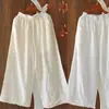 Pantalones de Pierna Ancha de Algodón con Patrón Hueco para Mujer, Cintura Elástica, Pantalones Finos Casuales Sueltos de Pierna Recta