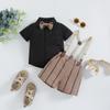 Traje de Cavalheiro Estilo Coreano para Meninos de Verão, Top Polo com Gola Lapela para Bebê Menino, Shorts com Suspensórios, Conjunto de Três Peças, Roupa Infantil