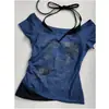 Camiseta Vintage Retrô Americana com Gola Halter Falsa de Duas Peças Manga Curta para Mulheres, Design de Verão 2026 Top Curto