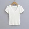 Camiseta de Manga Curta Estilo Europeu e Americano with Cintura Marcada Decote em V Doce para Mulheres Verão 2024 Hot Girl Mostrando Seios Sexy Justa Modeladora Top