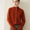 Cardigã 100% caxemira pura, novo estilo outono e inverno, caimento solto, gola semi-alta, abotoado, comprimento curto, top jaqueta suéter base
