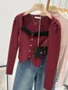 2023 nuevo suéter francés de cuello cuadrado para chica popular, manga larga corta, top interior rojo para mujer, otoño e invierno, ajuste ceñido, adelgazante