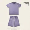 280g Fio Duplo Pesado Marca Tendência Desgastada Conjunto Retro Americano Comércio Transfronteiriço Cor Sólida Ombro Caído Manga Curta Shorts