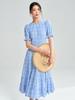26 Nuevo Estilo de Verano Vestido Elegante Azul y Blanco a Cuadros que Ceñe la Cintura para Mujeres con Sentido del Diseño, Vestido Largo de Manga Corta para Mujeres Altas 18280
