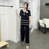 Terno Feminino para Exportação Transfronteiriça Moda Simples Solto Top de Manga Curta + Calças Slim de Cintura Alta e Pernas Largas Terno Tricotado para Mulheres