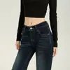 Jeans Azul Oscuro Estilo Americano Micro-Campana para Mujer, Nueva Llegada Otoño, Tiro Bajo, Adelgazantes, Elásticos, Corte Skinny, No Ajustados a las Piernas, Pantalones de Campana