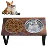 Estante para Comedero de Mascotas Combinación Hierro-Madera Doble Tazón Alto Protección Cervical Gato Estante para Tazón Madera Perro Gato Cuenco para Beber Agua Alimentación
