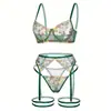 Amazon Transfronterizo Multicolor Pastoral Floral Hueco Ligero Transparente Sexy Conjunto de Lencería con Aros para Piernas, Conjunto de Cuatro Piezas