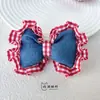 Color de Contraste Cuadros Rojos Mezclilla Azul Tela Rellena de Algodón Accesorios de Pajarita Flor para Zapatos DIY Accesorios para Sombrero Accesorios para Funda de Teléfono Móvil Bolsas