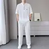 Traje casual de verano cómodo y transpirable para hombre, cuello suelto, manga corta, pantalones largos elásticos, conjunto deportivo de dos piezas para hombre