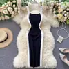 Elegante socialité coreana estilo Hong Kong retro bloques de color camisola de seda de hielo a rayas vestido vestido largo hasta la rodilla estilo dulce y picante europeo y americano