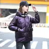 Chaqueta Corta de Plumas para Mujer Moda de Invierno Patchwork de Punto Cuero Brillante Cuello Alto con Capucha Cortavientos Cálida Chaqueta de Plumas para Persona Baja