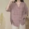 Camisa Top Casual Artístico Retrô de Algodão e Linho de Manga Três Quartos, Tamanho Grande, Corte Amplo, Primavera e Outono, Transfronteiriça do Sudeste Asiático