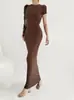 Vestido Longo Estilo Europeu e Americano Feminino Verão Slim-fit Sexy Elegante Liso Gola Redonda Manga Curta Longo Vestido Feminino