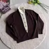 Cárdigan retro americano de cuello alto, suéter de dos piezas falso para hombre y mujer, chaqueta de punto casual simple estilo perezoso para pareja, para ir al trabajo