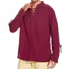 2025 Nuevo para Hombre Camisa Henry de Algodón y Lino para Hombre Manga Larga Hippie Casual Playa Cuello Alto Talla Europea