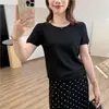 Tricô Simples de Alta Qualidade Preto e Branco em Triacetato! Ombro Quadrado Generoso Bainha Enrolada Emagrecimento Manga Curta Textura Fresca Camiseta Fina Verão