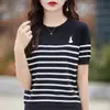 Suéter de Punto para Mujer Colección Primavera 2026 Transfronterizo, Suéter Básico de Manga Corta con Cuello Redondo, Suéter Rayado para Mujer al por Mayor de Comercio Exterior
