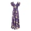 Vestido Morado con Cuello en V y Estampado Floral con Mangas Cortas Volantes para Mujer, Nuevo Estilo Verano 2026 Vestido para Vacaciones en la Playa