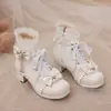 Zapatos de caramelo con borde de encaje de lazo dulce Botas de cuero de princesa Botas Martin de encaje con cuentas Botines Botines de tacón medio grueso Botas de comercio exterior