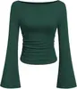 2026 Estilo Europeu Americano Garota Picante Cor Sólida Gola Canoa Manga Flare Camiseta Feminina Estilo Outono Slim Fit Plissado Afinando Manga Longa Top