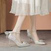 Sapatos de salto alto femininos 2024 verão novo laço pontudo strass prata sapatos de casamento salto fino boca rasa sapatos únicos