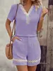 2026 Verano Nuevo Estilo Europeo y Americano Transfronterizo Comercio Exterior Moda Encaje Empalmado Color Sólido Conjunto de Camiseta de Manga Corta y Pantalones Cortos para Mujer