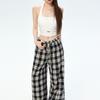 Pantalones de Cuadros de Encaje Shangya 033 Nuevos para Mujer de Pierna Ancha Cintura Alta Aspecto Adelgazante Sueltos Caídos Casuales
