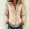 Moda Femenina Nueva Otoño 2026 Estilo de Exportación Europeo y Americano Elegante Ajustado con Flecos Color Sólido Cuello en V Camisa de Manga Larga