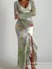 Vestido Largo de Manga Larga con Volantes, Escote en V, Estampado Floral, Delgado y Sexy para Mujer, Moda de Comercio Exterior Europeo y Americano
