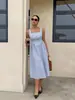 2026 Transfronterizo Europeo y Americano Amazon Moda Casual Estilo Francés Ceñidor de Cintura Sin Mangas de Tirantes Cuadrado Bloque de Color Rayado Vestido Largo