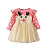 Vestido de Natal Infantil Mangas Bufantes Estampa de Rena Manga Longa Patchwork de Galhos de Veado Malha Bege Saia Fofa