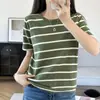 26 Primavera Verano Nuevo Algodón Puro Tejido Estilo Coreano Bloque de Color Rayas Manga Corta Mujer Holgado Adelgazante Cuello Redondo Camiseta Top