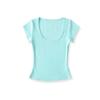 Playera Sexy Retro Americana de Cuello U Grande de Manga Corta para Mujer, Top Corto Básico Ajustado Elástico de Color Sólido con Hombros Regulares