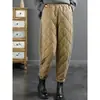Stock sobrante de pedidos anteriores: Pantalones de invierno para mujer de pana acolchada con cintura elástica, diseño de patrón de rombos y forro engrosado para mayor calidez