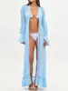 Cobertura de praia longa azul céu claro de chiffon transparente com mangas compridas estilo resort cardigã longo