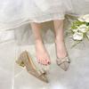 Zapatos de Boda de Tacón Medio para Mujer 2025 Nuevo Estilo Francés Piedras de Strass Lazo Zapatos de Novia Elegantes Vestido Punta Fina Tacón Grueso Zapatos Individuales para Mujer
