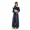 Elegantes jeans de mujer estilo americano, nuevos de tiro alto, corte holgado, adelgazantes, pantalones de pierna ancha con caída, pantalones largos azul oscuro