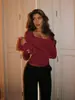 Otoño e Invierno 2025 Exportación Transfronteriza Sexy Top de Encaje Acanalado de Manga Larga Moda Revelador de Pecho Otoño e Invierno Cuello en U