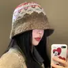 Gorro de Pescador Tejido de Lana Estilo Fair Isle para Mujer en Otoño e Invierno Estilo Coreano Cara Pequeña Cálido Circunferencia de Cabeza Grande Gorro de Lana