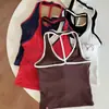 Nuevo Estilo Chica Caliente Ajustado Sexy Estampado Bloque de Color Cuello Halter Espalda Descubierta Camisola con Copas para Mujer, Top Exterior Adelgazante