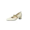 2026 Nuevo Modelo Zapatos de Tacón Alto Versátiles de Piel de Oveja Blanca Completamente de Cuero para el Trayecto Diario, Modernos Zapatos de Salón de Punta Cuadrada con Tacón Grueso y Boca Cuadrada