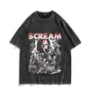 2026 Camiseta de Algodón Lavado Vintage Estilo Americano Transfronteriza Estampado de Calavera de Halloween Camiseta de Manga Corta Lavada Desgastada para Hombres y Mujeres