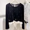 Elegante Socialite Costura de Veludo Borda da Orelha Camisa Feminina Primavera e Outono Indústria Pesada Strass Quente Slim-fit Moda Top Curto Tendência