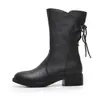 Botas retro de cuero suave marrón con tacón grueso hasta la mitad de la pantorrilla para mujer, nuevas botines de tacón alto de otoño e invierno, botas de moda hasta la mitad de la pantorrilla 26
