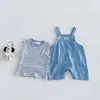 Conjunto de Dos Piezas para Bebé Niños Dianxi Casual con Rayas, Romper Delgado de Verano Estilo Coreano con Tirantes de Dibujos Animados