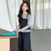 Conjunto Casual Estilo Coreano Primavera y Otoño Nuevo Elegante Falso Dos Piezas Top de Manga Larga Dulce Floral Pantalones de Pierna Ancha Conjunto de Dos Piezas