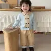 Chamarra suéter estilo coreano, elegante, para niños, con bloques de color retro y cuello polo, pantalones casuales versátiles de pierna recta con borde enrollado para otoño