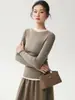 ¡Lavable en la lavadora! Suéter de punto fino 100% lana Yangzi para mujer, ajuste ceñido, cuello redondo, fino, tejido sin costuras, camiseta base